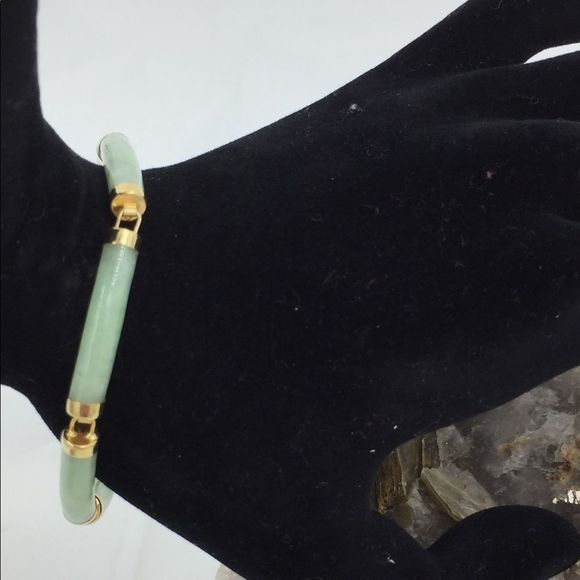 14K Gold Green Jade Tubular Bracelet 7.25” long - Picture 1 of 10